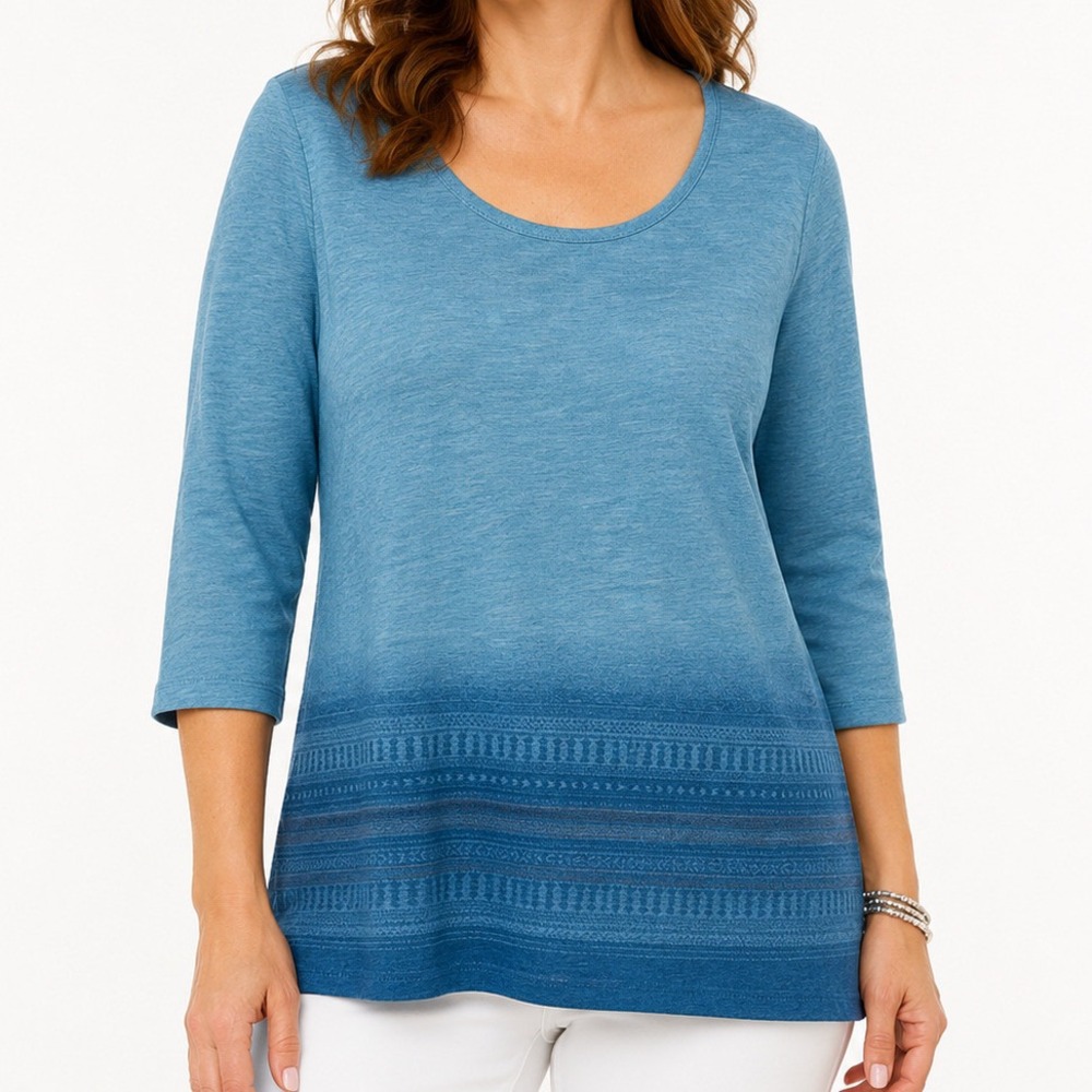 One World Womens 1X Blue Ombre Knit Top Scoop Neck